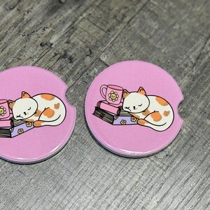 Cute Cat & Books Car Coasters – Pink Cozy Reading Set