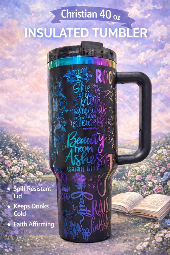 Stanley Style Christian Rainbow Engraved 40oz Tumbler | Faith Scripture Stainless Steel Cup | Proverbs 31 Gift | Inspirational Mug