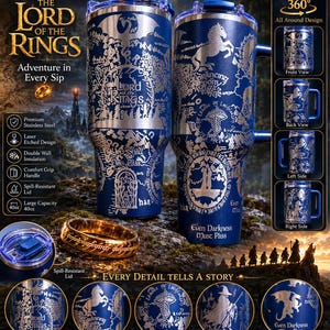 May include: Two blue stainless steel tumblers with etched designs and the text "THE LORD OF THE RINGS". The tumblers have a 40oz capacity, a comfort grip handle, and a spill-resistant lid. A gold ring is also featured.
