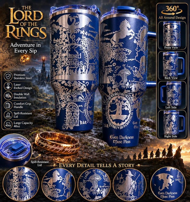 May include: Two blue stainless steel tumblers with etched designs and the text "THE LORD OF THE RINGS". The tumblers have a 40oz capacity, a comfort grip handle, and a spill-resistant lid. A gold ring is also featured.