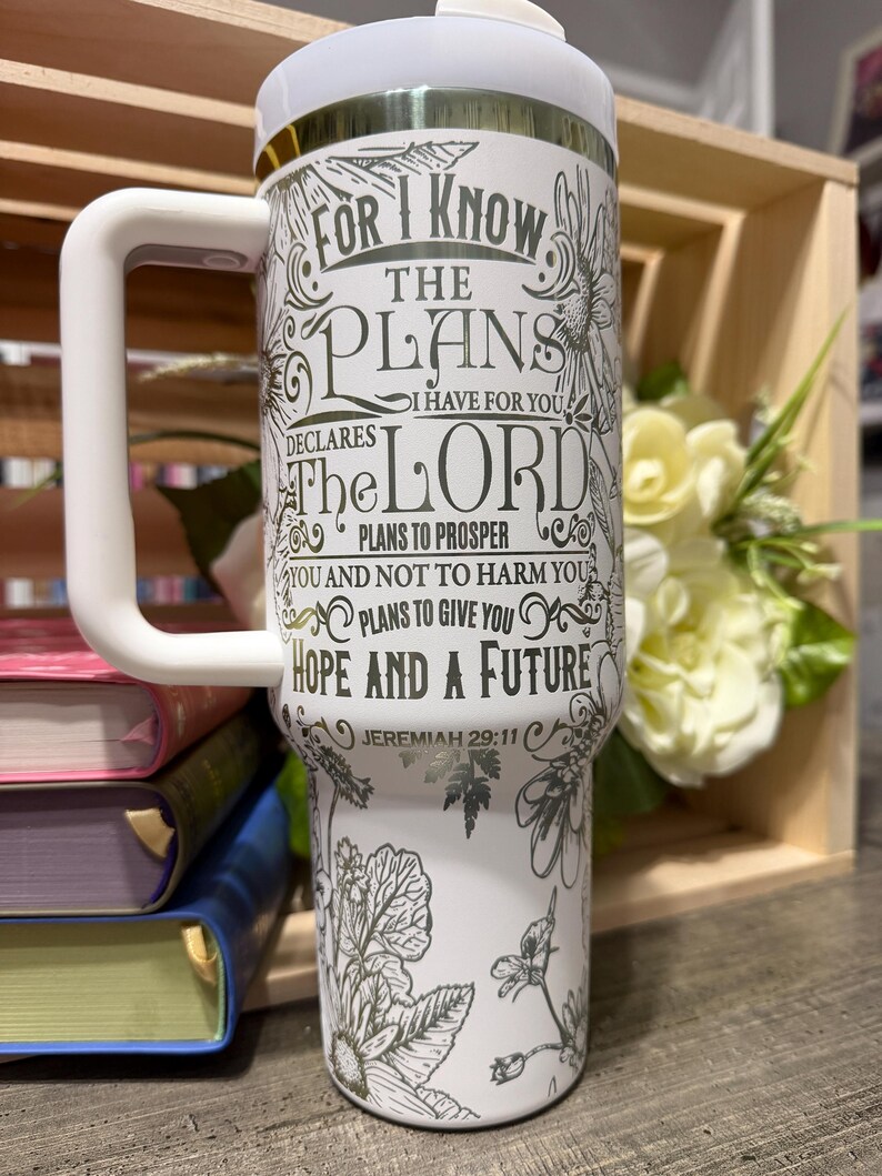 Jeremiah 29:11 40oz Tumbler with Handle | Christian Floral Stanley Style Cup | Faith Scripture Travel Mug | Bible Verse Gift for Women image 2