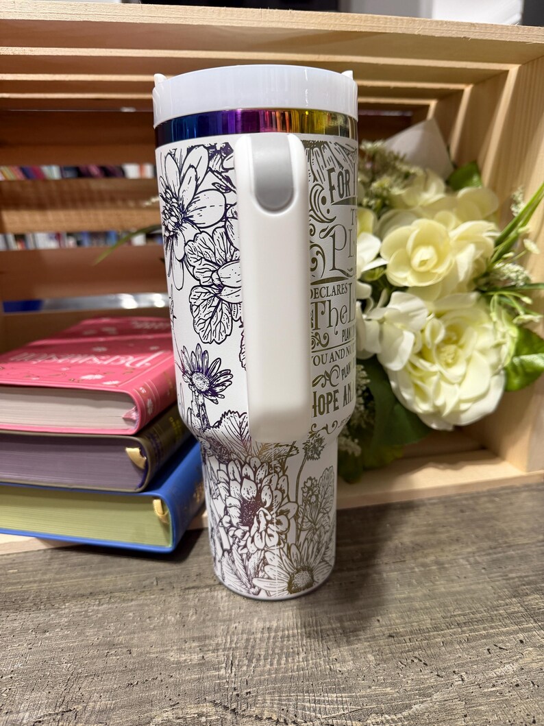 Jeremiah 29:11 40oz Tumbler with Handle | Christian Floral Stanley Style Cup | Faith Scripture Travel Mug | Bible Verse Gift for Women image 5