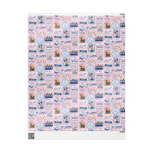 May include: A light pink wrapping paper featuring a repeating pattern of various illustrations including circular stamps, rectangular labels with the text Briar University, Off-Campus script, and small character portraits in blue and red ink.