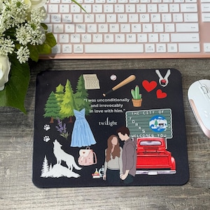 Twilight-Inspired Mouse Pad | Forks Collage Design with Iconic Symbols & Quotes | Bookish Desk Decor for Fans