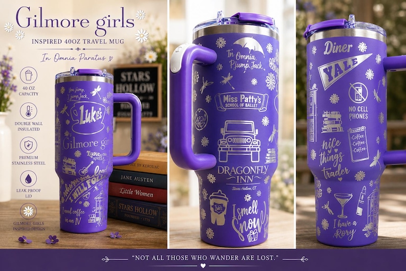 Pu&ograve; includere: Tazza da viaggio viola da 1,18 litri con manico, con disegni a tema Gilmore Girls. La tazza in acciaio inossidabile ha un isolamento a doppia parete e un coperchio a prova di perdite. La tazza ha una capacit&agrave; di 1,18 litri.