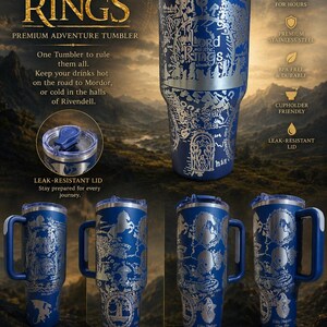 May include: Blue stainless steel adventure tumbler featuring engraved designs from The Lord of the Rings. The tumbler has a leak-resistant lid and keeps drinks hot or cold for hours. The design includes text and images from the movie.