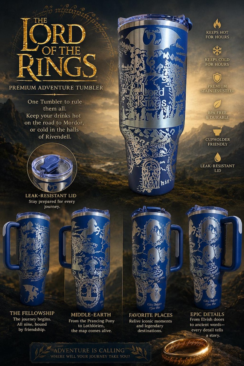 May include: Blue stainless steel adventure tumbler featuring engraved designs from The Lord of the Rings. The tumbler has a leak-resistant lid and keeps drinks hot or cold for hours. The design includes text and images from the movie.