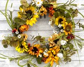 XL Wispy Sunflower Daisy Wreath, Wispy Red and yellow Sunflower Wreath, Sunflower floral Fall Wreath