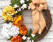 Burnt Orange Copper Floral Fall cotton wreath, Orange and White Fall Wreath with Cotton, Fall Cotton Wreath, Cotton Fall Wreath