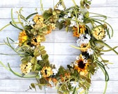 XL Sunflower Daisy wreath, White and Yellow Sunflower wreath, Summer Sunflower Welcome wreath, Wispy Fall Yellow and white Sunflower Wreath
