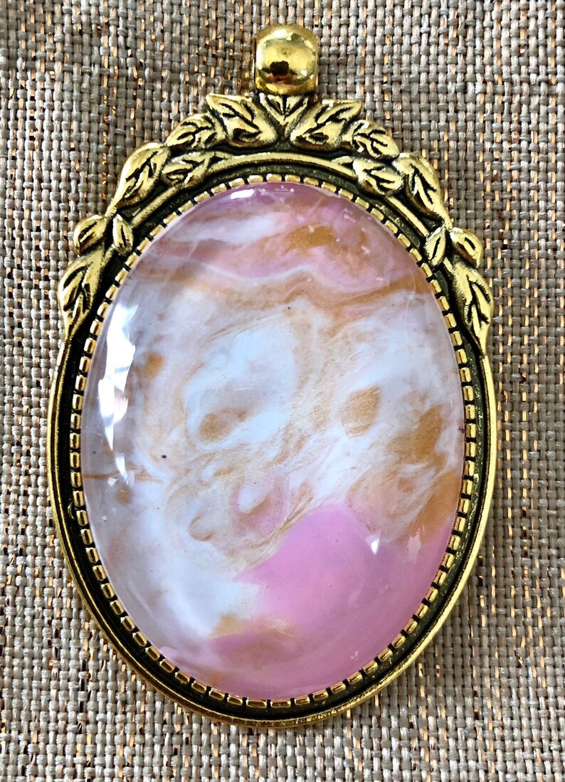Pink gold and white acrylic pour jewelry in goldtone Pendant 1.5 x 2 one of a kind Free Shipping Inexpensive unique gift