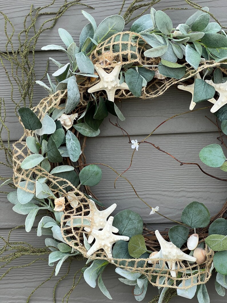 Coastal Wreath for front door, Sea Shell, starfish, Bestselling everyday beach Wreath, front porch, Knobby Starfish, natural Beach decor image 9