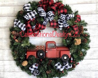 Rustic Truck Xmas wreath best selling Buffalo plaid for front door   front porch Traditional Christmas home decor lux