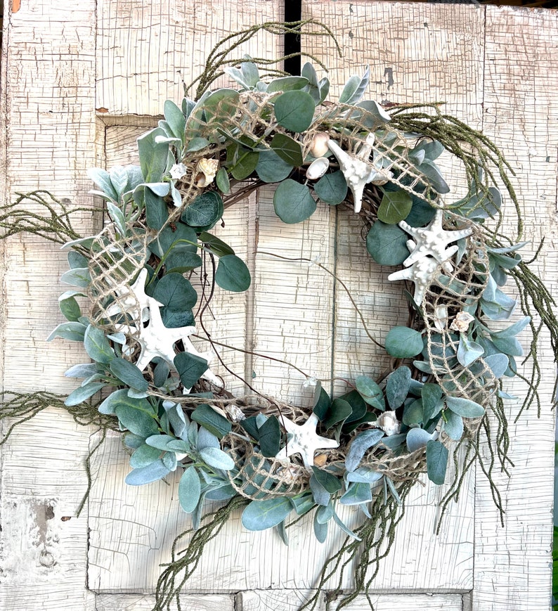 Coastal Wreath for front door, Sea Shell, starfish, Bestselling everyday beach Wreath, front porch, Knobby Starfish, natural Beach decor image 5