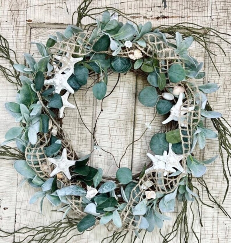 Coastal Wreath for front door, Sea Shell, starfish, Bestselling everyday beach Wreath, front porch, Knobby Starfish, natural Beach decor image 2