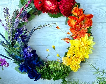 Rainbow Wreath for front door decor, front porch decor, Colorful spring summer, rainbow decor, gift, bestseller