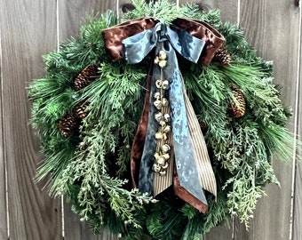 Xmas Wreath for front door, Natural Christmas decor, Pimitive, Boho, Rustic mixed Pine with bells, Winter Wreath