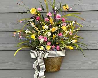 Everyday Spring Summer Basket wreath front door, Mothers Day Gift, colorful home wall decor, bucket of flowers, door hanger for front porch