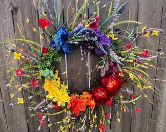 Rainbow LBGTQ Pride Wreath, XL Bright colorful Summer wreath for front door, front porch decor, Everyday year round wreath