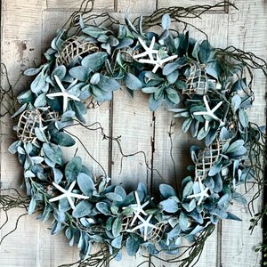 Coastal wreath for front door, sea shells, starfish , Everyday Natural beach wreath, front porch, Nautical home decor, bestselling image 5