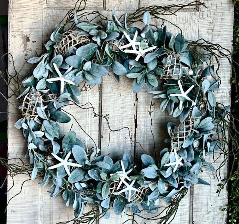 Coastal wreath for front door, sea shells, starfish , Everyday Natural beach wreath, front porch, Nautical home decor, bestselling image 5