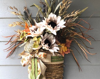 Neutral Fall basket wreath front door, Harvest, Natural, Taupe sunflowers front porch, Rustic grass door hanger, best seller, monochromatic