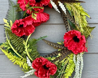 Red Poppy Wreath for front door decor, Summer Spring everyday wreath, front porch, floral, Mothers Day gift, door hanger