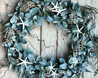 Coastal wreath for front door, sea shells, starfish , Everyday Natural beach wreath, front porch, Nautical home decor, bestselling