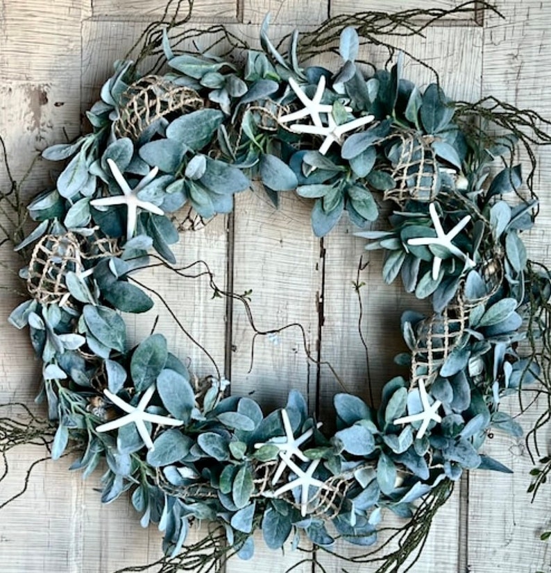 Coastal wreath for front door, sea shells, starfish , Everyday Natural beach wreath, front porch, Nautical home decor, bestselling image 1