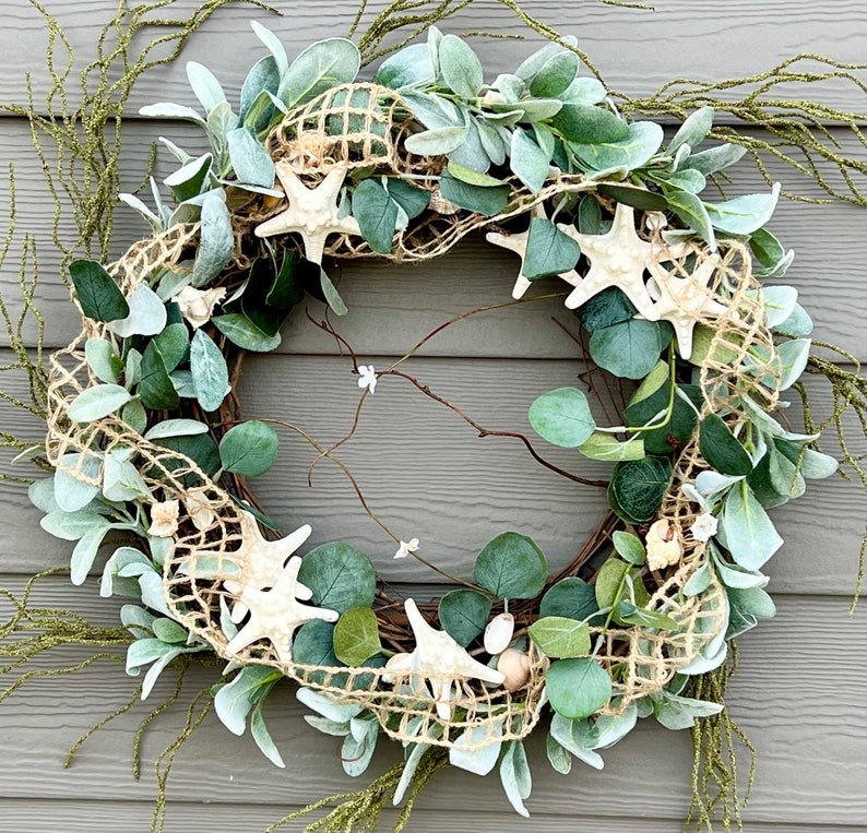 Coastal Wreath for front door, Sea Shell, starfish, Bestselling everyday beach Wreath, front porch, Knobby Starfish, natural Beach decor image 1