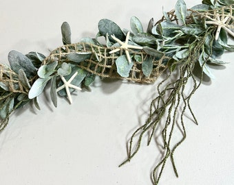 Coastal Beach Garland with starfish and sea shells, for table, Fireplace mantle, natural beach decoration, wedding decor