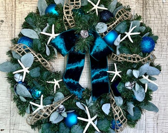 Blue Coastal Christmas Wreath for front door, Beach Holiday, front porch, seaside decor, Starfish, Teal Xmas, sea shells