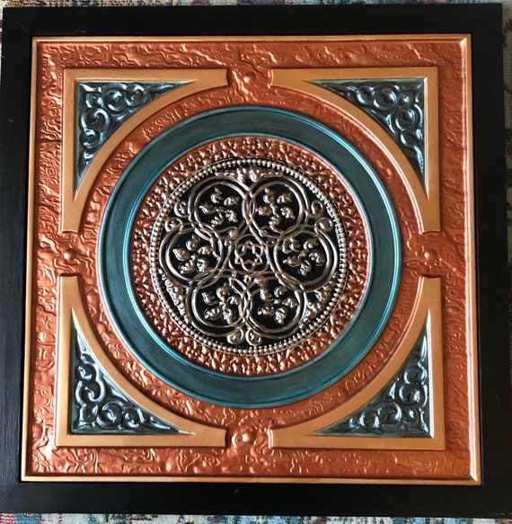 Burnt Orange Copper And Turquoise Ceiling Tile Burnt Orange Metalic Copper Bronze Rose Gold And Teal Steampunk Victorian Large