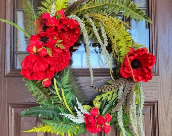 Tropical red poppy wreath for front door,  Natural everyday summer, Ferns,  dramatic front porch decor, floral, Mothers Day gift