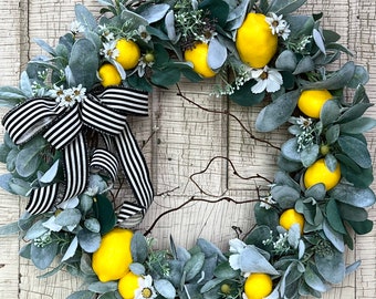 Lemon Wreath for front door, Summer wreath, colorful everyday farmhouse home decor, front porch, birthday gift, Mothers Day