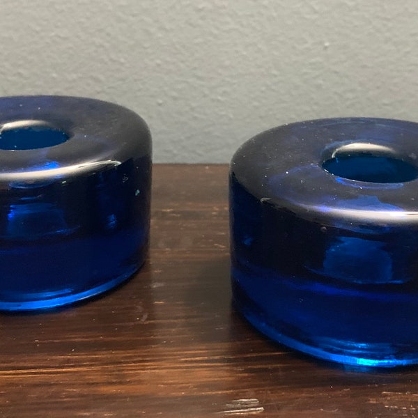 Set of Blenko Art Glass Azure Blur Candle Stick Holders - MCM Style