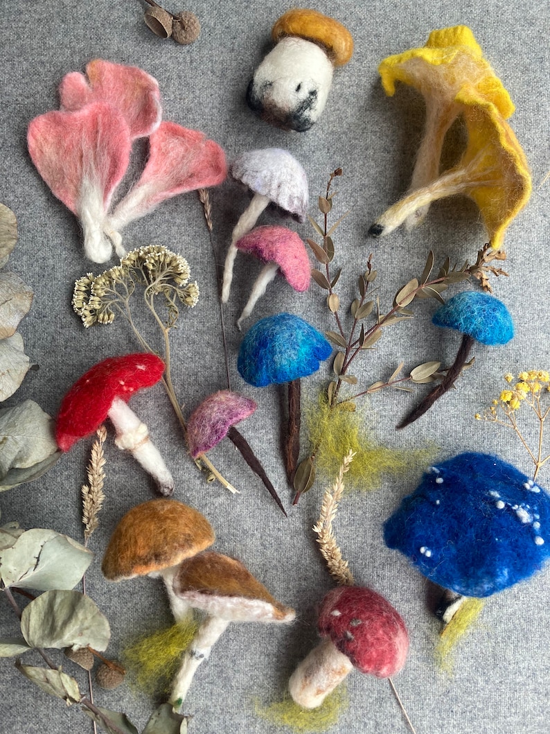Puede incluir: Una colecci&oacute;n de setas de fieltro en varios colores y formas, incluyendo rojo, rosa, azul, amarillo y marr&oacute;n. Las setas est&aacute;n dispuestas sobre un fondo gris.