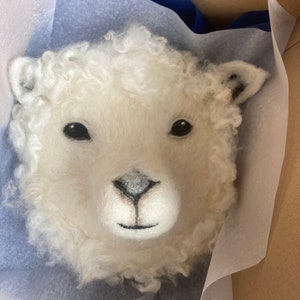 Puede incluir: Una cabeza de oveja de fieltro blanco con ojos negros y nariz marr&oacute;n. La cabeza de oveja est&aacute; sentada en una caja forrada con papel de seda blanco.