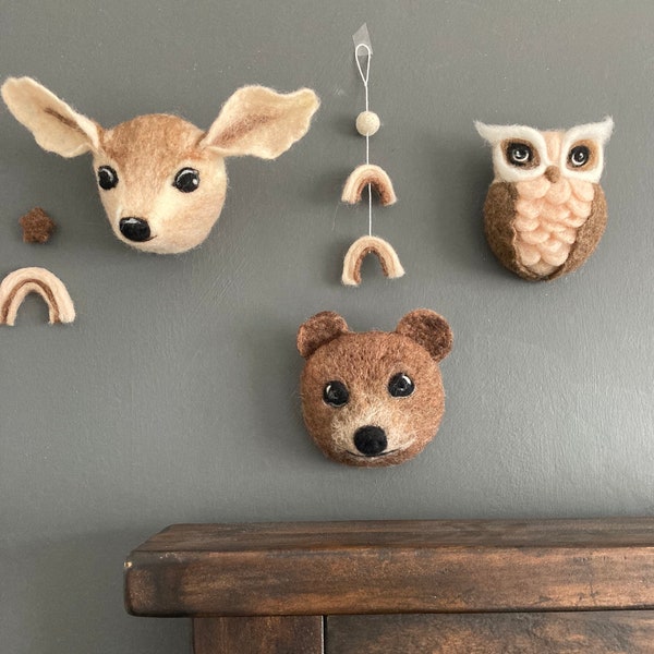 Woodland owl decoration, bear wall hanging decoration, deer  decor, woodland nursery decoration, Woodland animal heads Kids room decoration