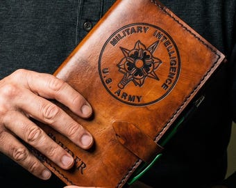 Personalized Military Intelligence Leather Book Cover, Handmade Officer Gift