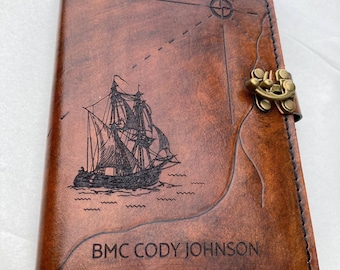 Pirate Map, Leather Military Book Cover, leather journal cover, treasure map, refillable journal, Coast Guard, Navy, Chief Charge Book, Mess