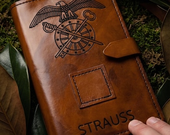 Personalized Leather U.S. Army Quartermaster Book Cover, Military Gift