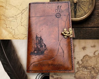 Handmade Leather Pirate Map Journal Cover, Refillable Notebook, Military Gift