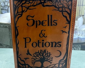 Spells & Potions Leather Book Cover, Refillable Journal, Handmade
