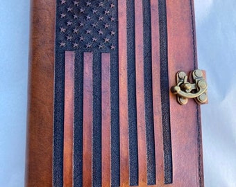 Flag Carved Leather Journal, Personalized Military Notebook, Leader Book Cover