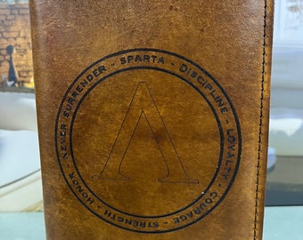 Spartan Shield Leather Book Cover, Custom Engraved