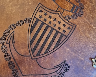 Personalized Leather USCG Chief Charge Book, Anchor Design, 3 Ring Binder Cover