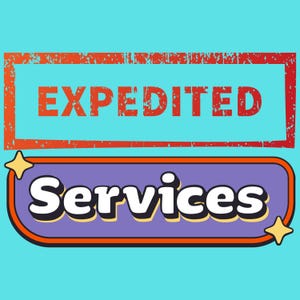 May include: A graphic with the word "EXPEDITED" in orange, inside a red rectangular border, above the word "Services" in white, outlined in black, on a purple background, with yellow star accents, all on a teal background.