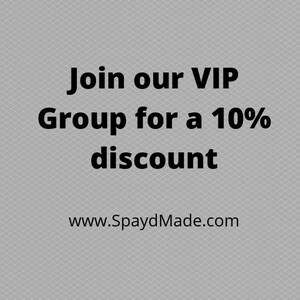 May include: Text on a gray background reads "Join our VIP Group for a 10% discount" with the website address www.SpaydMade.com below. The text is in a bold, black font.