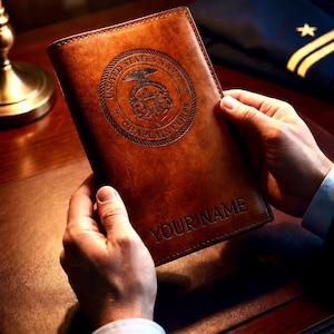 Pode incluir: Uma carteira de couro marrom com o texto "YOUR NAME" em relevo na parte inferior. A parte superior da carteira apresenta um emblema circular com as palavras "UNITED STATES NAVY CHAPLAIN CORPS". Um uniforme azul marinho é visível no fundo.